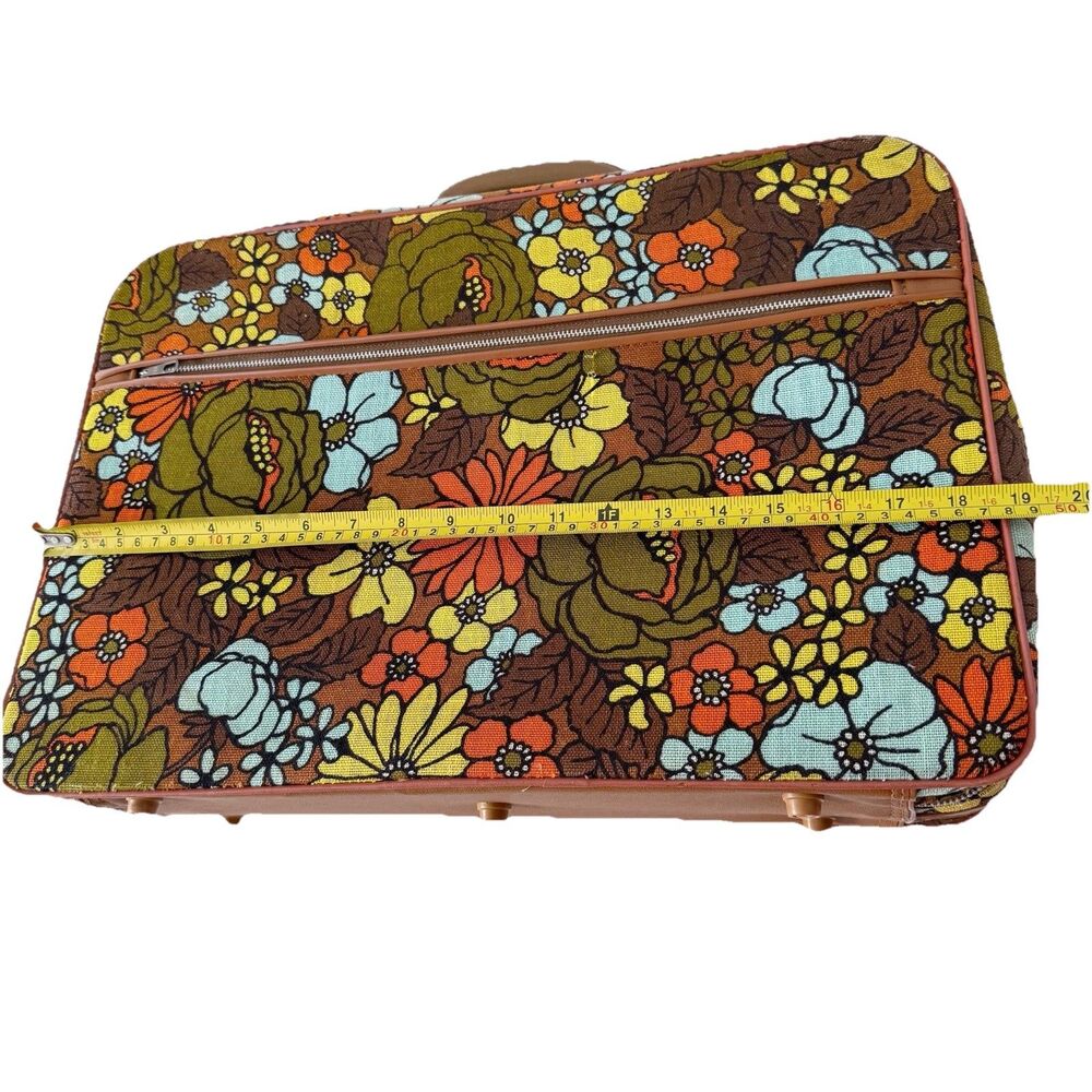 Vtg Brown Floral Print Medium Size Travel Bag From 1960-1970s Mod Flower Power - Picture 3 of 16
